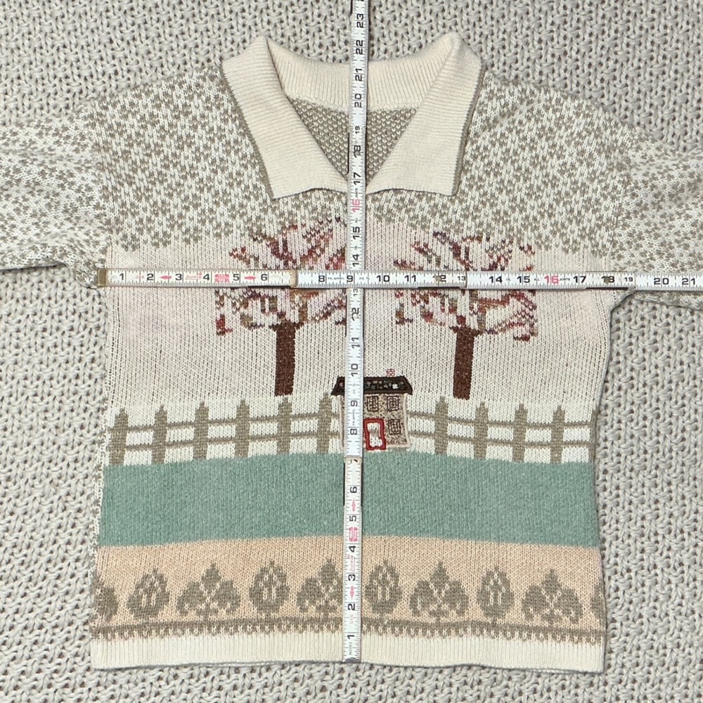 Vintage 90s Cottagecore Short Sleeve Polo Knit Sweater Cream Tan - Size Medium - Picture 5 of 7